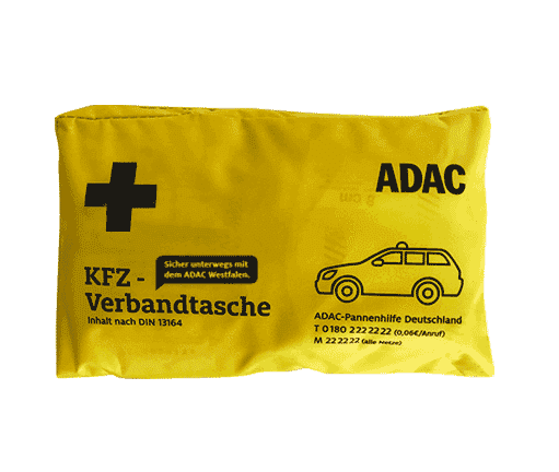 Notfallset von ADAC, inklusive Verbandtasche für schnelle Hilfe in medizinischen Notfällen.