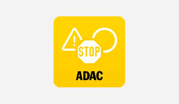 Gelbes ADAC-Logo mit Stop-Schild, Dreieck und Kreis.
