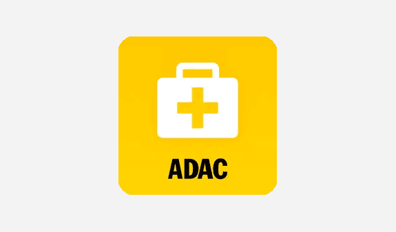 ADAC-Erste-Hilfe-Logo, gelbes Quadrat, weißes Erste-Hilfe-Kreuz, schwarzer Text.