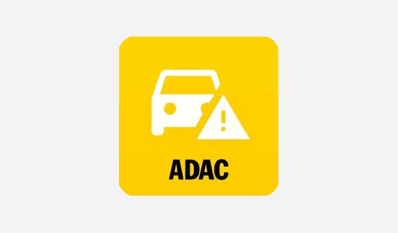 Gelbes ADAC-Logo mit Auto-Symbol und Warndreieck, schwarze Schrift.