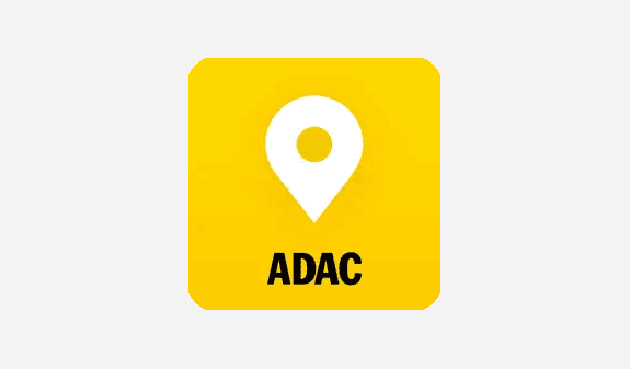 Gelbes Quadrat mit weißem Kartenmarkierungssymbol und schwarzem Text "ADAC" unten.