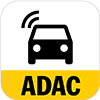 ADAC-Logo: Schwarzes Auto-Icon mit Funkwellen auf gelbem Hintergrund,