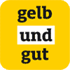 Gelbes Quadrat mit schwarzem Text "gelb und gut" und weißem Hintergrund hinter "und".