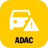 Gelbes ADAC-Logo mit Auto und Warndreieck; schwarzer Text darunter.