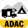 Wohnmobil und Zelt vor Bergsilhouette, gelbes "ADAC" unten.