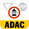 ADAC-Logo mit Verkehrsschildern: Vorfahrt, Stopp, Überholverbot.