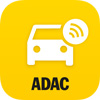 Gelbes ADAC-Logo mit stilisiertem Auto und Funkwellen; quadratisch, simple Gestaltung.