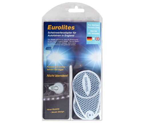 Verpackung von Eurolites-Scheinwerferadapter für UK-Fahrten; blau-weiße Gestaltung.