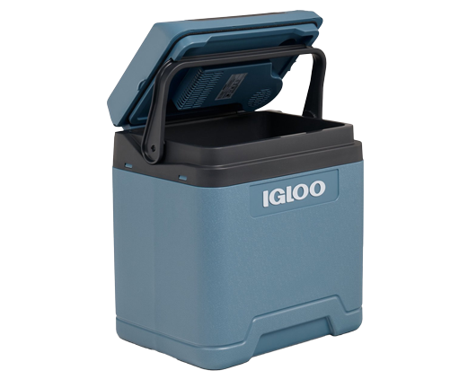 Eine blaue Kühlbox mit offenem Deckel, schwarzem Griff und dem weißen Schriftzug "IGLOO".