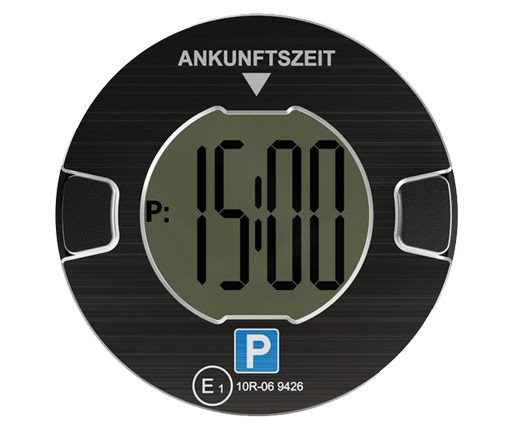 Digitale Parkscheibe mit Ankunftszeit "15:00", schwarzes Gehäuse, blaues "P" Symbol.