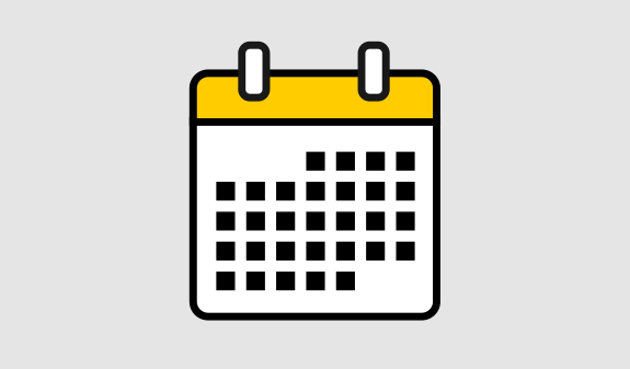 Ein stilisierter Kalender mit gelbem Kopf und schwarzem Raster auf weißem Hintergrund