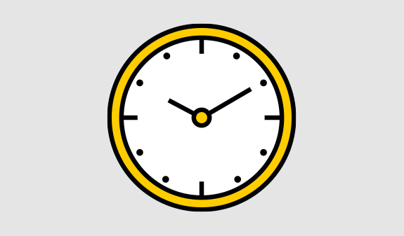Eine analoge Uhr mit gelbem Rand zeigt kurz vor 3 Uhr.