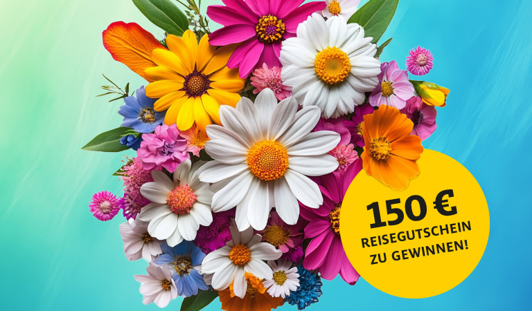 Ein bunter Blumenstrauß auf blauem Hintergrund mit einem gelben Gewinnbutton.