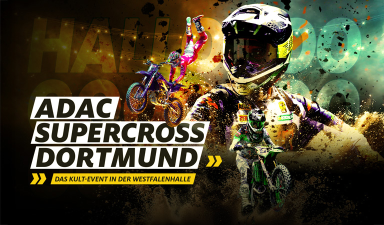 Buntes Supercross-Plakat mit Motorradfahrern in actionreicher Szene.