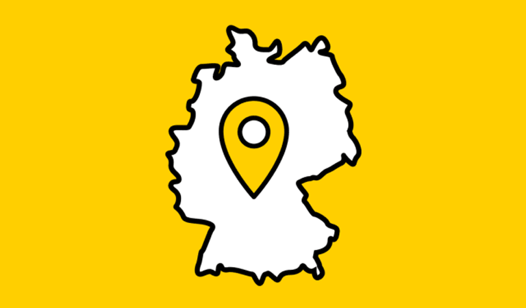 Eine Karte von Deutschland mit gelbem Standortmarker auf gelbem Hintergrund