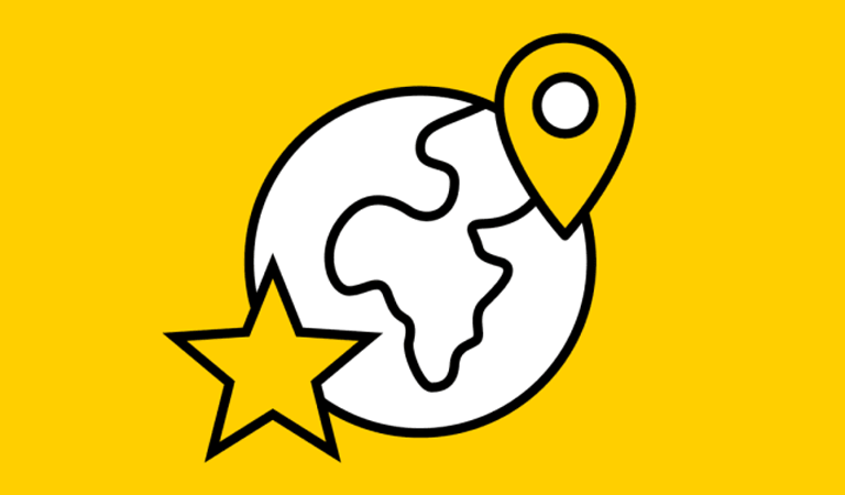 Eine stilisierte Weltkugel mit gelbem Standortsymbol und Stern auf gelbem Hintergrund