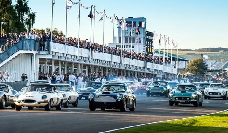 Mehrere klassische Rennwagen in verschiedenen Farben starten vor einer vollen Tribüne
