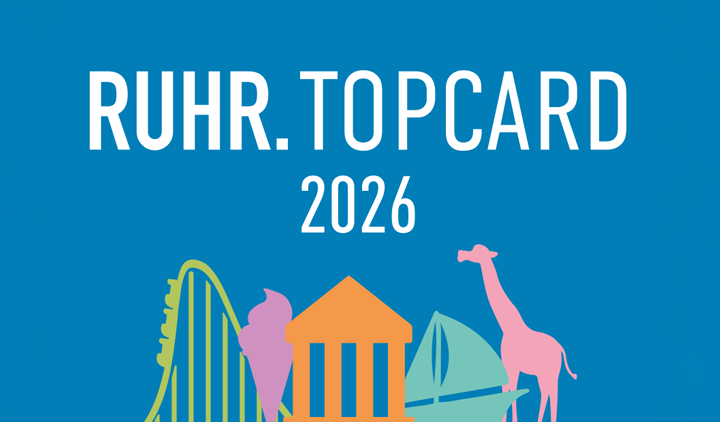 Blauer Hintergrund mit weisser Schrift Ruhr Topcard 2026 und bunten Freizeitmotiven unten