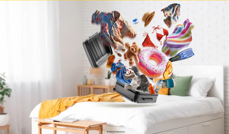 Offener Koffer auf weißem Bett, Kleidung und bunte Gegenstände wirbeln heraus