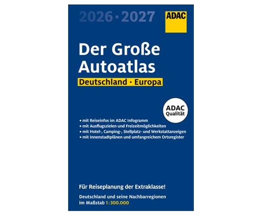 Das Buchcover zeigt den ADAC Autoatlas 2026-2027 in Blau und Gelb mit weißer Schrift