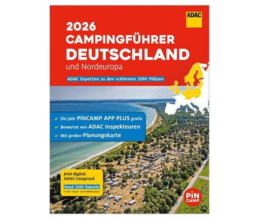 Buntes Cover mit Naturfoto und gelbem ADAC Logo, zeigt Campingführer Deutschland