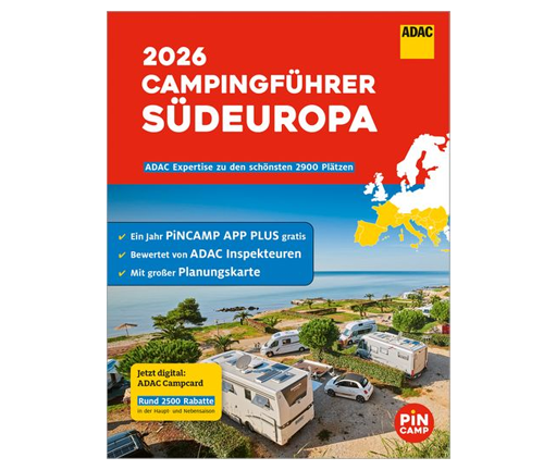 Bunte ADAC Campingführer Suedeuropa Titelseite mit Wohnmobilen am blauen Meer und PinCamp Logo