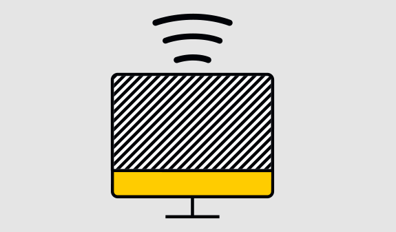 Ein stilisierter Monitor mit gelben Akzent und schwarzen Linien sendet Signale aus