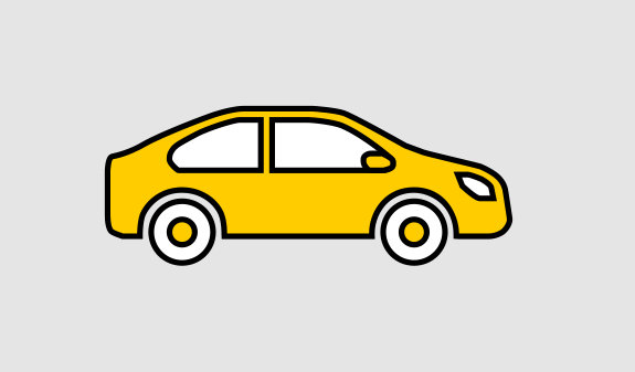 Gelbes Auto mit schwarzen Umrissen und weißen Fenstern steht auf grauem Hintergrund