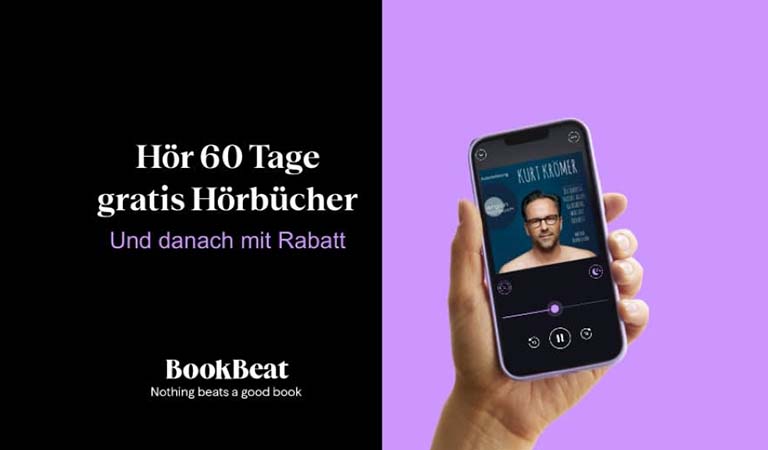 Eine Hand hält ein Smartphone mit einem lächelnden Mann auf dem Hörbuchcover vor lila Hintergrund