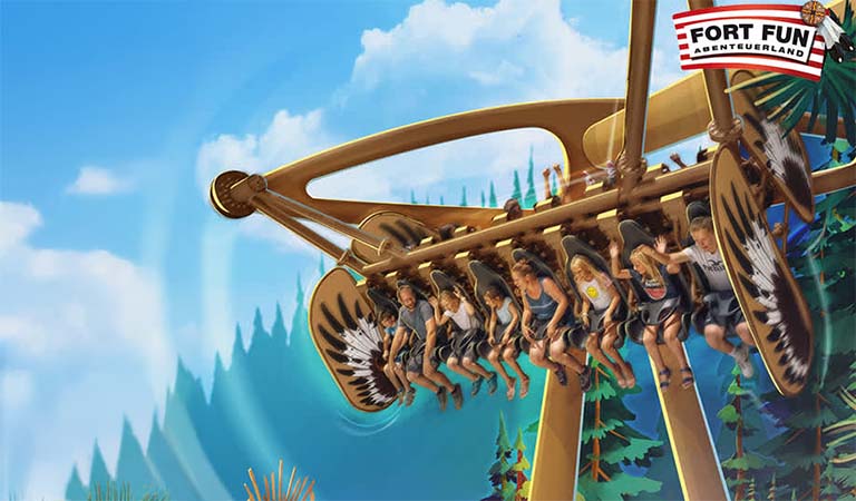 Eine Gruppe von Menschen sitzt lachend und schreiend in einem braunen Fahrgeschäft vor Bäumen