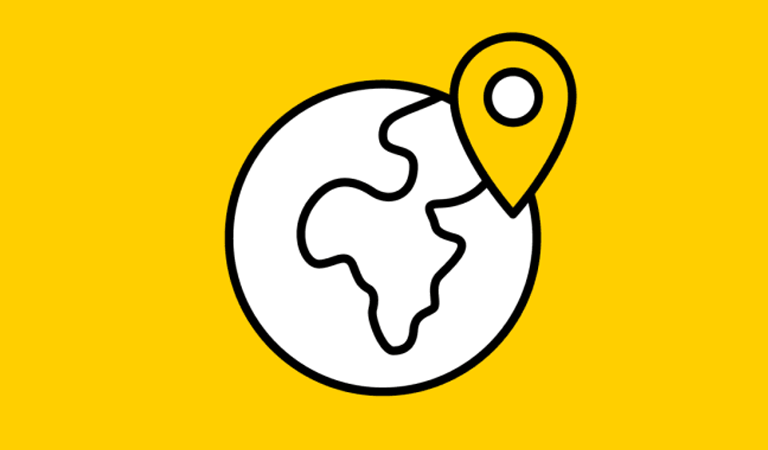 Weiße Weltkugel mit gelbem Standortmarker auf gelbem Hintergrund