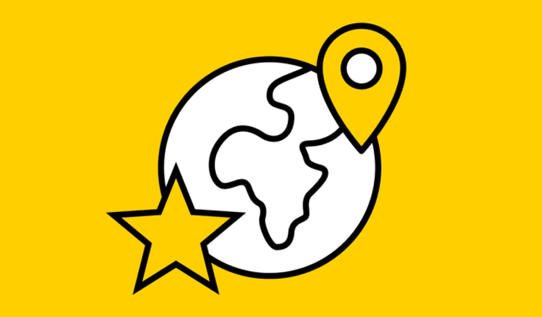 Eine simple Illustration zeigt eine Weltkugel mit gelbem Hintergrund sowie Stern und Marker
