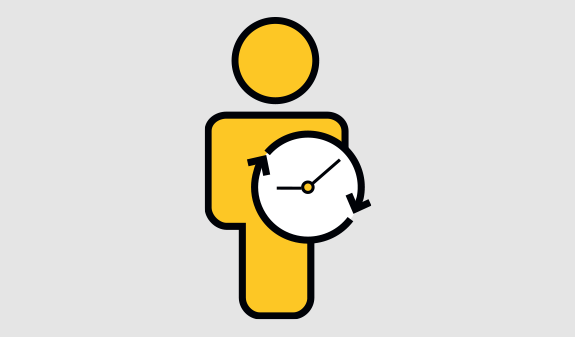 Eine gelbe stilisierte Person hält eine Uhr mit schwarzen Pfeilen und weißem Zifferblatt
