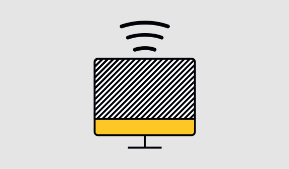 Ein stilisiertes Computerbildschirm-Symbol mit gelber Leiste und WLAN-Signal