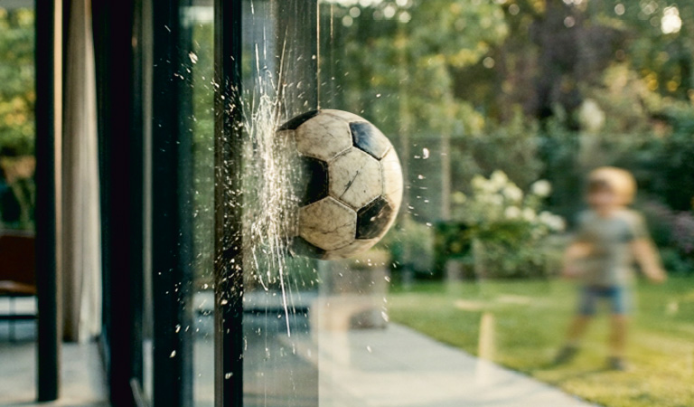Ein Fußball prallt gegen eine Glasscheibe, im Hintergrund läuft ein Kind im Garten