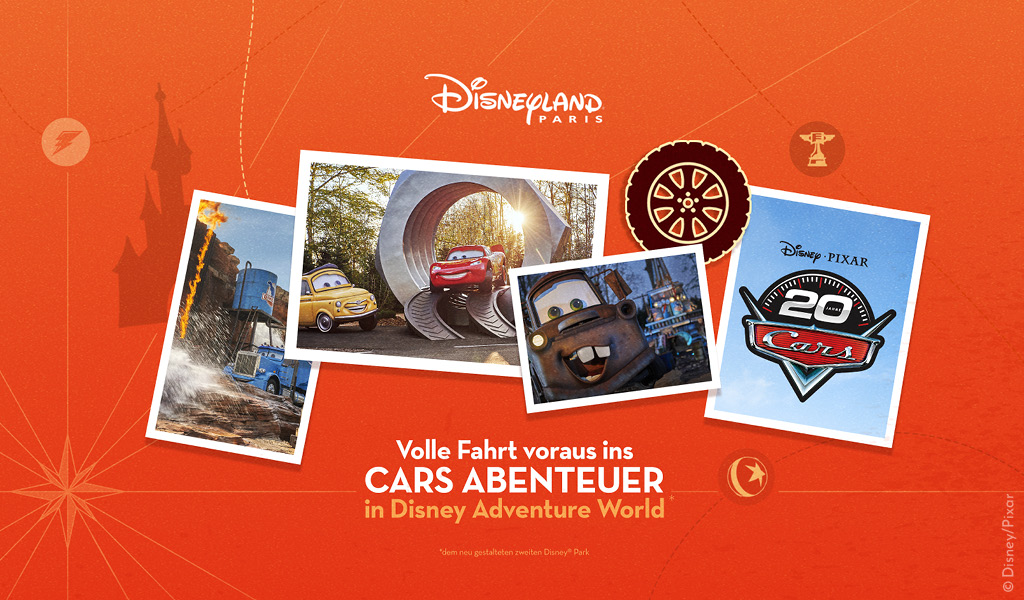 Fröhliche Zeichentrickautos vor buntem Hintergrund mit Disneyland Paris Logo