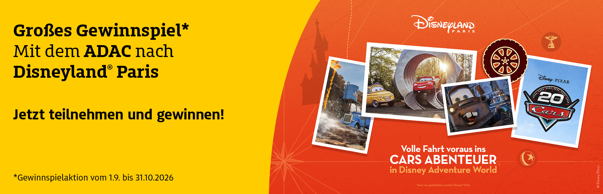 Fröhliche Kinder und Disney Figuren vor bunten Disneyland Paris Motiven