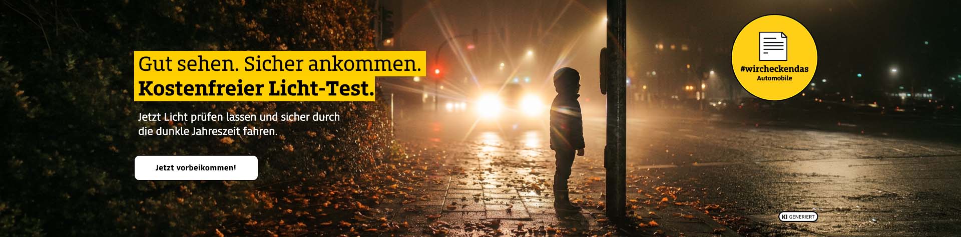 Ein Kind steht im Herbstnebel am Straßenrand mit Kapuze beleuchtet von Autoscheinwerfern.