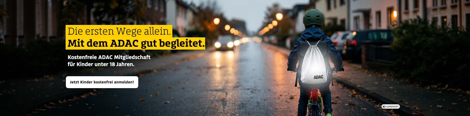 Ein Kind fährt abends mit einem Fahrrad eine Straße entlang, umgeben von sanftem Licht und ruhiger Atmosphäre.