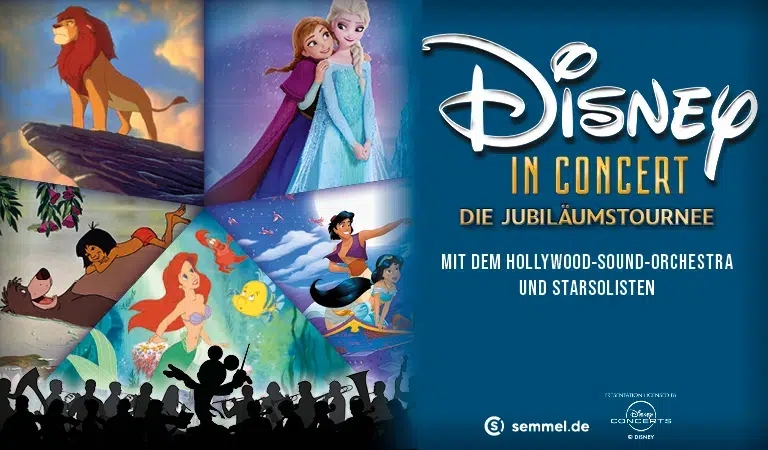 Mehrere bekannte Disney Charaktere fröhlich in bunten Szenen vom Konzert