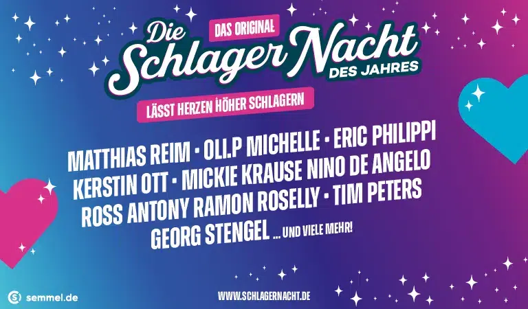 Bunte Grafik mit funkelnden Sternen, prominenten Namen und Herzen auf blau violettem Hintergrund