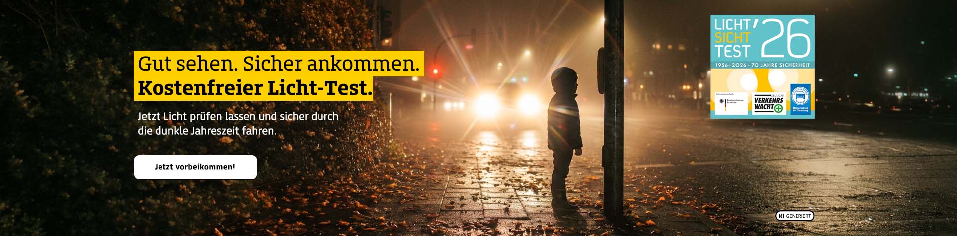 Ein Kind steht im Herbstnebel am Straßenrand mit Kapuze beleuchtet von Autoscheinwerfern.