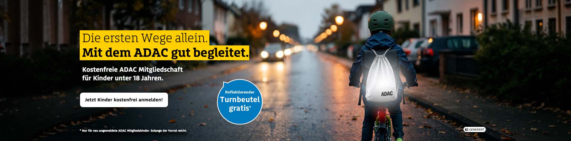 Ein Kind fährt abends mit einem Fahrrad eine Straße entlang, umgeben von sanftem Licht und ruhiger Atmosphäre.