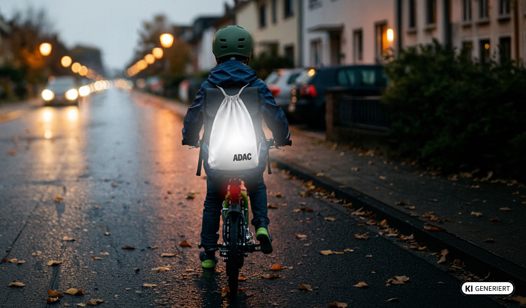 Ein Kind mit grünem Helm fährt bei Dämmerung Fahrrad, der Rucksack reflektiert hell