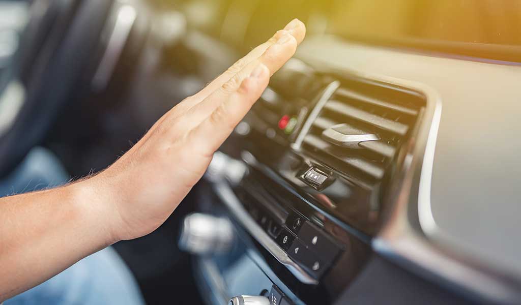 Junge Frau sitzt im Auto hinter dem Lenkrad und blickt nach rechts.